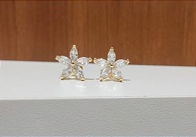 Brinco Flor Pedra Zircônia Cristal Banhado em Ouro 18 K.