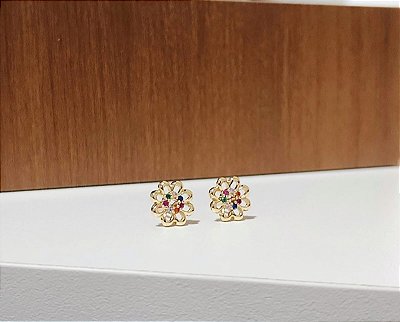 Brinco Infantil  com pedrinhas Coloridas Banhada em Ouro 18 k.