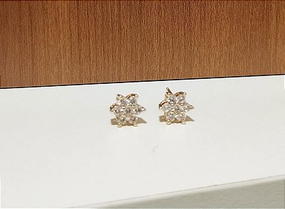 Brinco Flor Zircônia Cristal Banhado em Ouro 18 K.