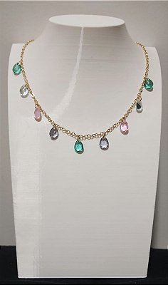 Colar Choker Gotas Coloridas Banhado em Ouro 18 k.