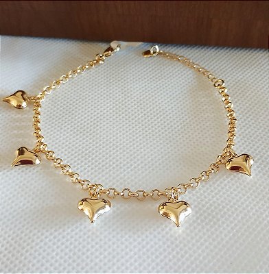 Pulseira Pingentes Coração Banhada em Ouro 18 k.