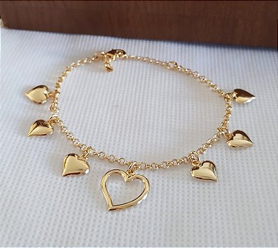 Pulseira Pingentes Corações Banhada em Ouro 18 k.