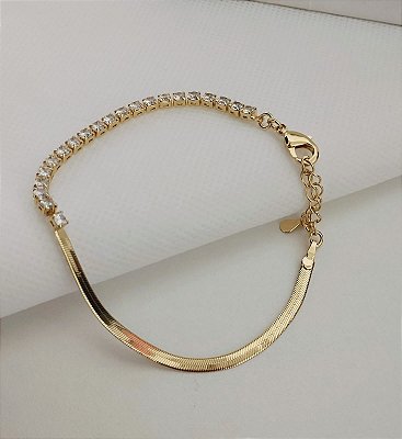 Pulseira Fita e Pedras Zircônia Banhados em Ouro 18 k.