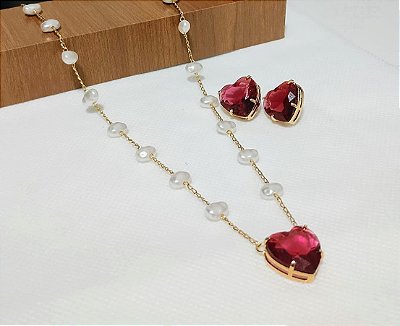 Conjunto Colar Pérolas e Brinco Pedra Zircônia  Banhado em Ouro 18 k.