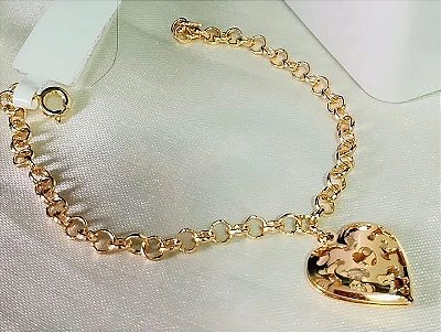 Pulseira Elo Português Pingente Coração Banhada em Ouro 18 k.
