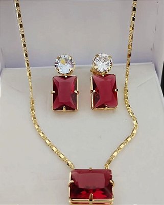 Conjunto Colar e Brinco Pedra Retangular Zircônia Banhado em Ouro 18 k.