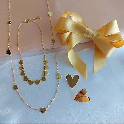 Colar Longo Corações Banhado em Ouro 18 k
