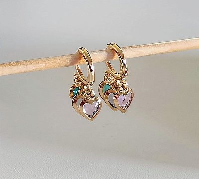 Brinco Argola Clique Corações coloridos Banhado em Ouro 18 k.