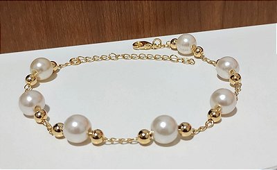 Pulseira Pérola e Pequenas Esferas Douradas Banhada em Ouro 18 k.