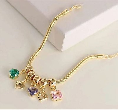 Pulseira Pandora Pingentes Coloridos Banhada em Ouro 18K