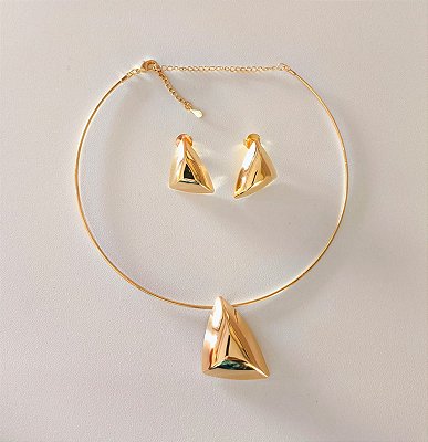 Conjunto Colar Aro Liso Com Pingente e Brinco Geométricos Banhado a Ouro 18 k
