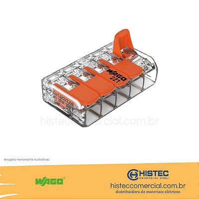 CONECTOR EMENDA WAGO 221-615 5P 0,5~6mm2 41A PARA CABO FLEXÍVEL OU RÍGIDO