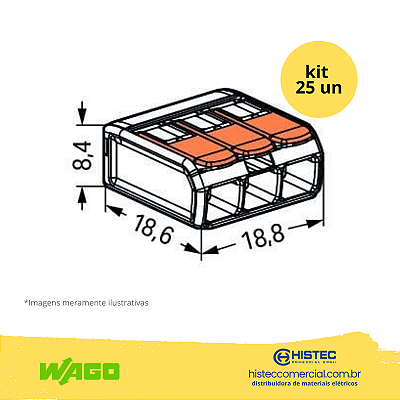 KIT CONECTOR WAGO 221-413 3P 0,5~4mm2 32A COM 25 PEÇAS