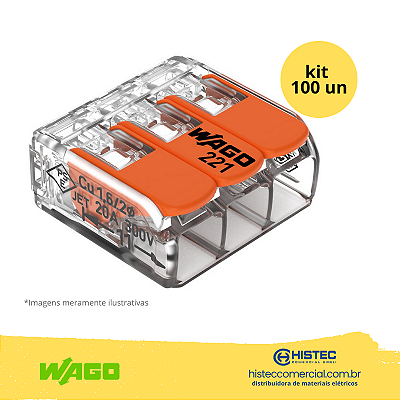 KIT CONECTOR WAGO 221-413 3P 0,5~4mm2 32A COM 100 PEÇAS