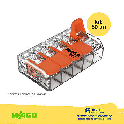 KIT CONECTOR WAGO 221-615 5P 0,5~6mm2 41A COM 50 PEÇAS