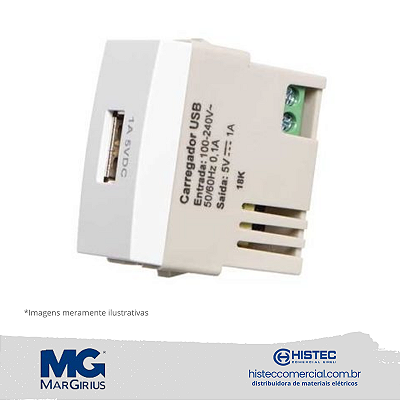 MÓDULO TOMADA CARREGADOR USB 1A BIVOLT MARGIRIUS SLEEK BR 16066