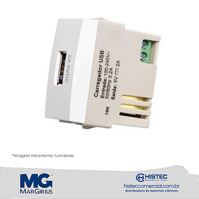 MÓDULO TOMADA CARREGADOR USB 2A BIVOLT MARGIRIUS SLEEK BR 17261