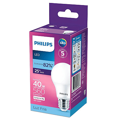 LÂMPADA LED bulbo Philips A60 7,0W 560 lumens E-27 6500K BIVOLT