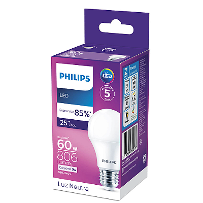 LÂMPADA LED bulbo Philips A60 9,0W 806 lumens E-27 4000K BIVOLT