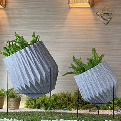 kit 2 Vasos Diagonal Origami (P-M) com Suporte de Ferro