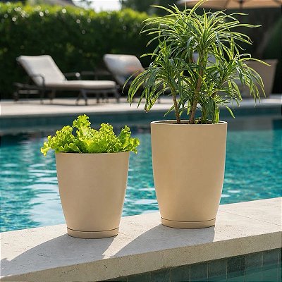 Kit 2 Vasos para Plantas Paris N1 e N2 com Pratos em polietileno Espelhado Liso Decorativo Jardim Sala Varanda