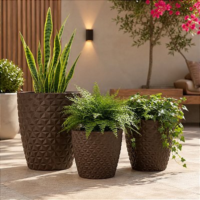 Kit 3 Vasos para Plantas em Polietileno Redondo Diamantado P, M e G | Decorativo Leve e Resistente