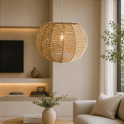 Pendente Luminária Rústica em Palha de Milho Bola P – Decoração Artesanal para Sala, Varanda e Área Gourmet