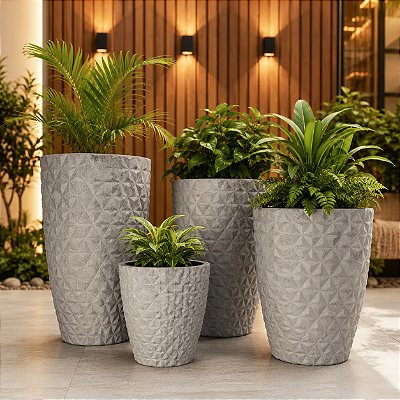 Kit 4 Vasos para Plantas em Polietileno Redondo Diamantado P, M, G e GG | Decorativos e Resistentes