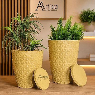 Kit 2 Vasos Decorativos para Plantas em Polietileno Redondo Diamante M e G com Pratos | Interno e Externo