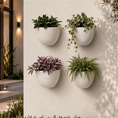 Kit com 4 Vasos de Parede Gancho 12cm com plantas flores decorativo interno e externo em Polietileno