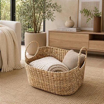 Cesto Organizador em Palha de Taboa Grande com 2 Alças Artesanal para Decoração 40x30x22