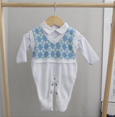 Conjunto Macacão Xadrez - Branco com Azul bebê