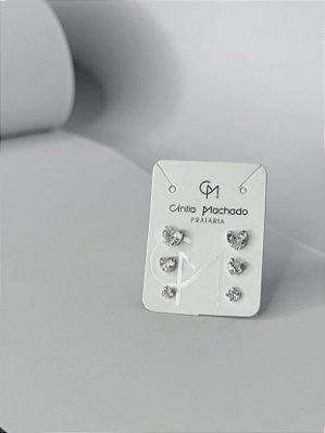 Trios de brincos zircônia Coração 3/4/5mm