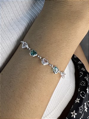 Pulseira zirconia verde e crystal coração