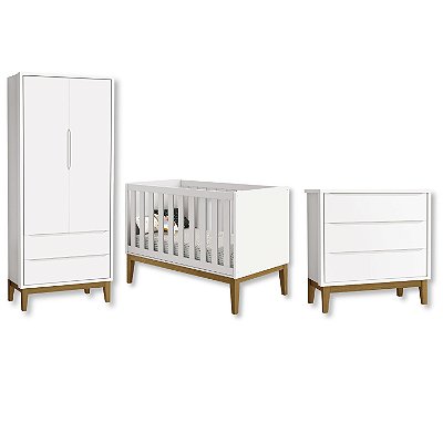 Quarto de Bebê Berço + Cômoda + Guarda Roupa Branco Classic