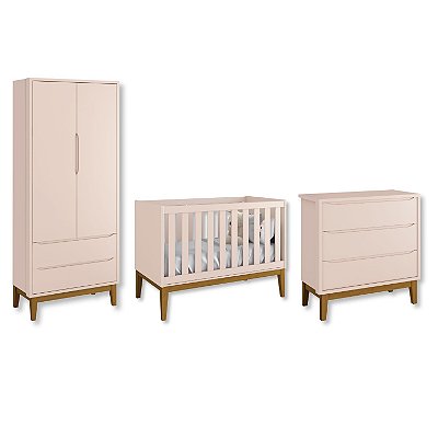 Quarto de Bebê Berço + Cômoda + Guarda Roupa Rosa Classic