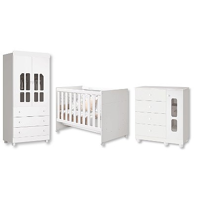 Quarto de Bebê Berço + Cômoda + Guarda Roupa Katatau Branco Brilho