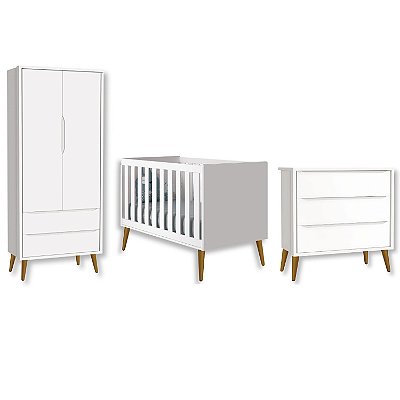 Quarto de Bebê Berço + Cômoda + Guarda Roupa Retrô Branco Theo