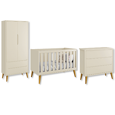 Quarto de Bebê Berço + Cômoda + Guarda Roupa Retrô Areia Theo