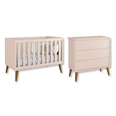 Quarto de Bebê Berço + Cômoda 3 Gavetas Rosa Theo