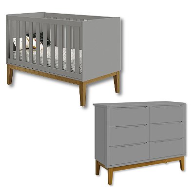 Quarto de Bebê Berço Mini Cama + Cômoda 6 Gavetas Cinza Classic