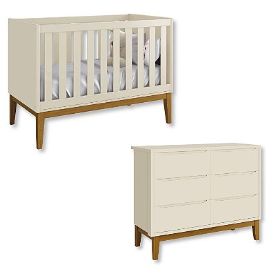 Quarto de Bebê Berço Mini Cama + Cômoda 6 Gavetas Areia Classic