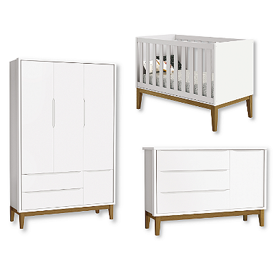 Quarto de Bebê Berço + Cômoda Sapateira + Guarda Roupa 3 Portas Branco Classic