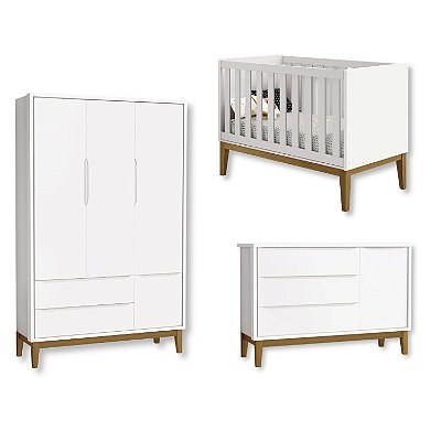 Quarto de Bebê Berço + Cômoda Sapateira + Guarda Roupa 3 Portas Branco Classic