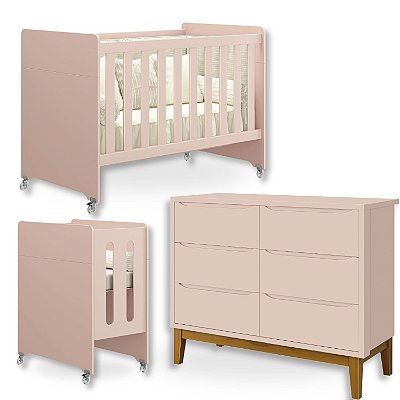 Quarto de Bebê Berço Evolution + Cômoda 6 Gavetas Classic Rosa