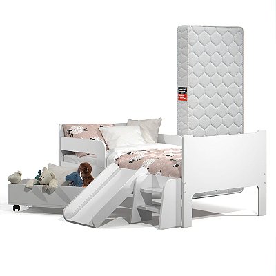 Mini Cama Infantil Montessoriana com Baú Bella Branca + Colchão
