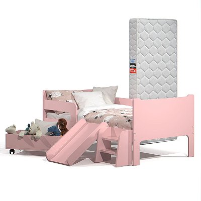 Mini Cama Infantil Montessoriana com Baú Bella Rosa + Colchão