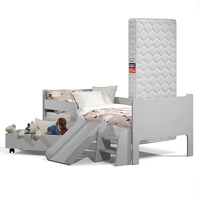 Mini Cama Infantil Montessoriana com Baú Bella Cinza + Colchão
