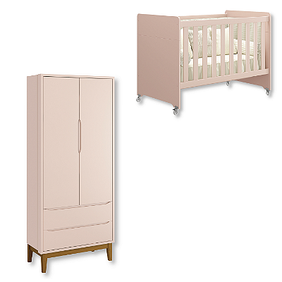 Quarto de Bebê Berço Evolution + Guarda Roupa 2 Portas Classic Rosa