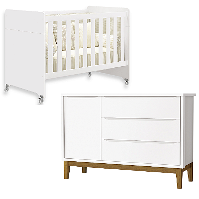 Quarto de Bebê Berço Evolution + Cômoda 1 Porta 3 Gavetas Classic Branco
